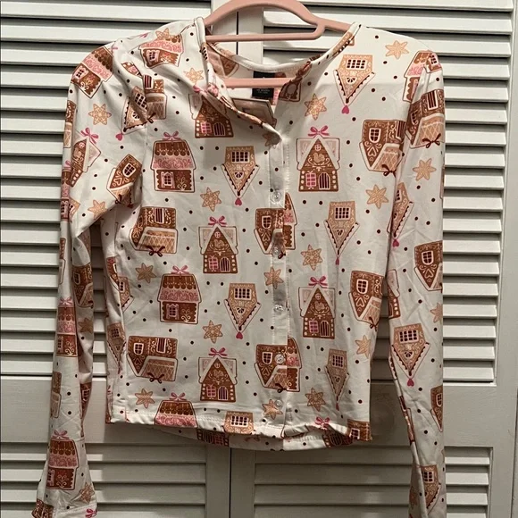 # 0516+ Gingerbread House Pattern Shirt - Brown and Pink - Picture 1 of 5